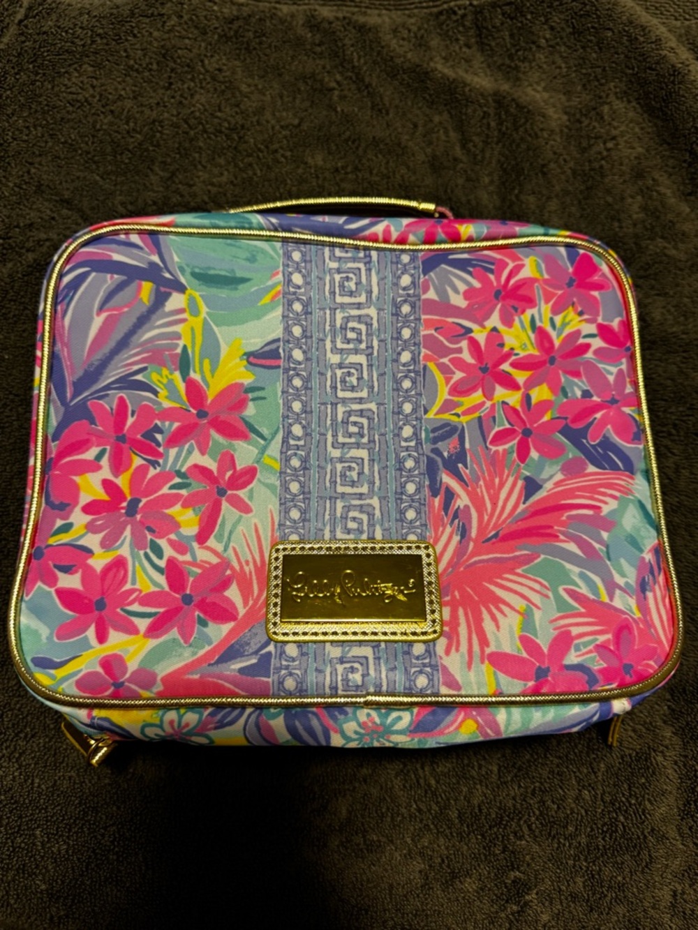Lilly Pulitzer Pink Blue Floral lunch box with Gold Trim